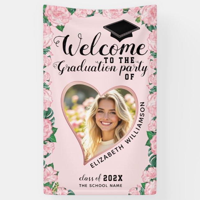 Photo Blush Pink Floral Girly Graduation Welcome Banner (Vertical)