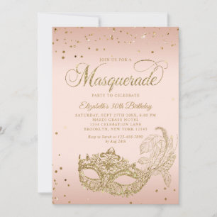 Photo Blush Pink Gold Glitter Masquerade Birthday Invitation