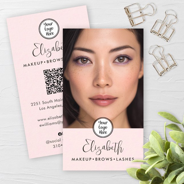 Photo Blush Pink Script Black Logo QR Code Makeup Business Card (Creator Uploaded)
