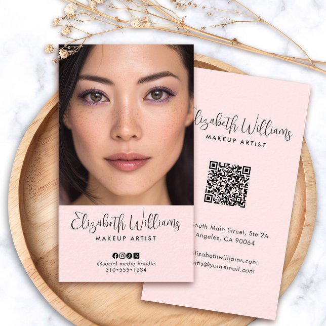 Photo Blush Pink Script Social Icon QR Code Makeup Business Card (Creator Uploaded)