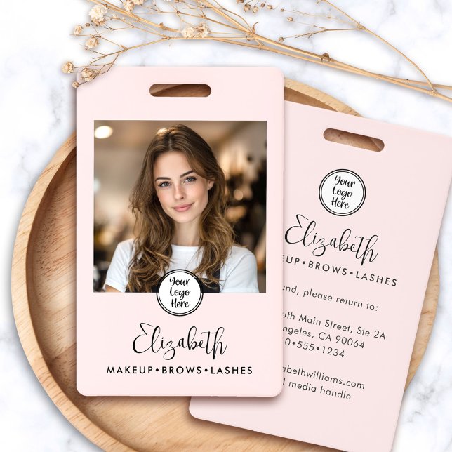 Photo Blush Pink Script Your Logo Here Makeup ID Badge (Creator Uploaded)