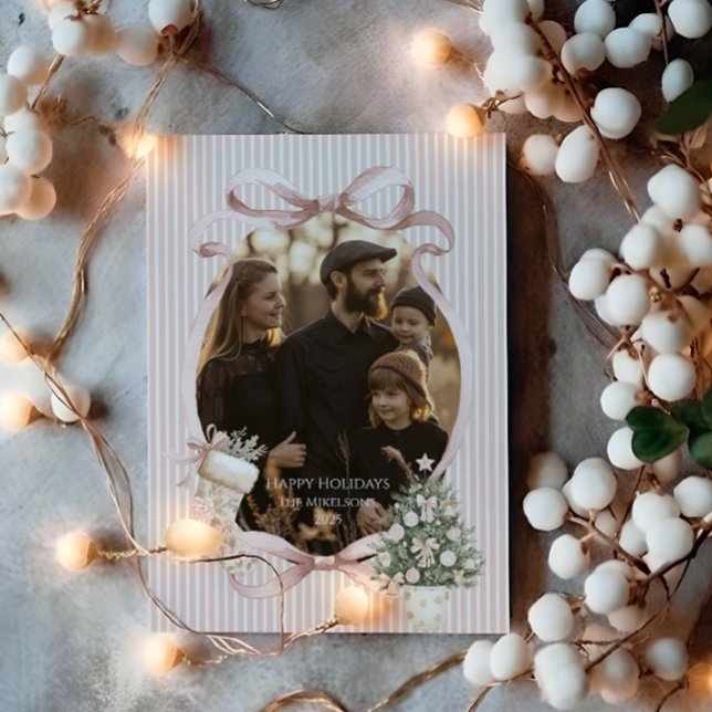 Photo Blush Ribbon Tree Christmas Holiday Card (Creator Uploaded)