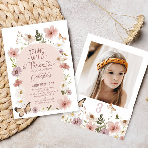 Photo Blush Wildflower Young Wild Three Birthday Invitation