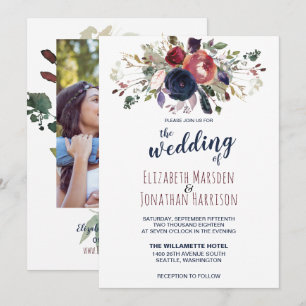 Photo Boho Burgundy Navy Mauve Floral Wedding Invitation