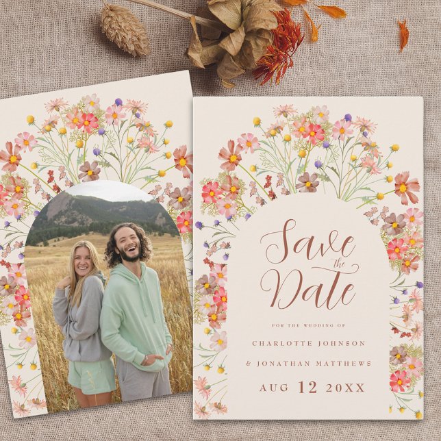 Photo Boho Fall Rustic Wildflower Arch Wedding Save The Date (Arch photo boho fall rustic wildflower terracotta burnt orange & beige wedding save the date invite)