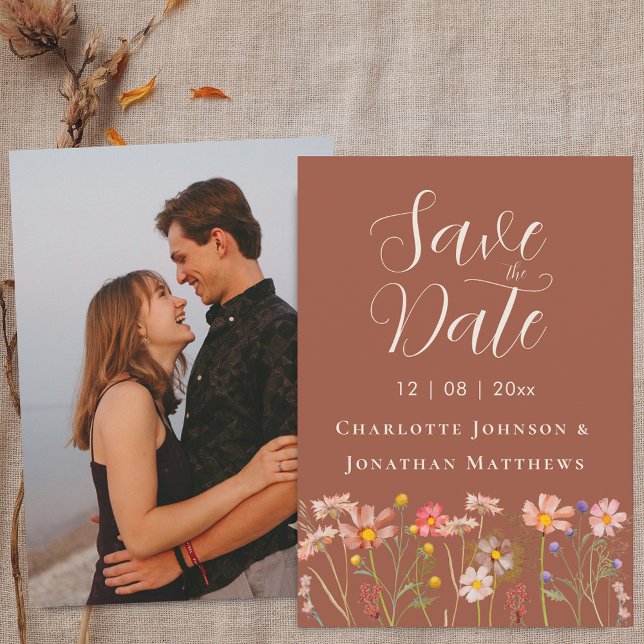 Photo Boho Fall Wildflower Terracotta Wedding Save The Date (Photo Wildflower boho fall floral terracotta Wedding save the date invitation)