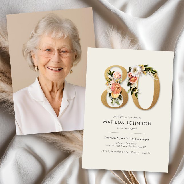 Photo Boho Floral 80th Birthday Invitation (Photo Boho Floral 80th Birthday Invitation)