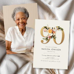 Photo Boho Floral 90th Birthday Invitation