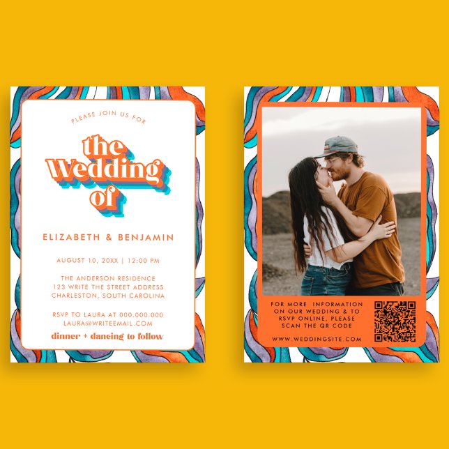 Photo Boho Groovy Retro Blue QR Code Wavy Wedding Invitation (Front and Back)