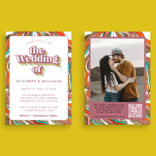 Photo Boho Groovy Retro QR Code Pink Wavy Wedding Invitation