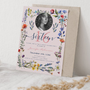 PHOTO Boho Pressed Wildflowers Sweet 16 Blush  Invitation