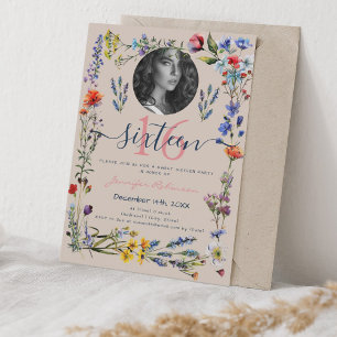 PHOTO Boho Pressed Wildflowers Sweet 16 Champagne  Invitation