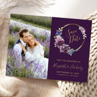 Photo Boho Purple Floral Gold Blank Save the Date