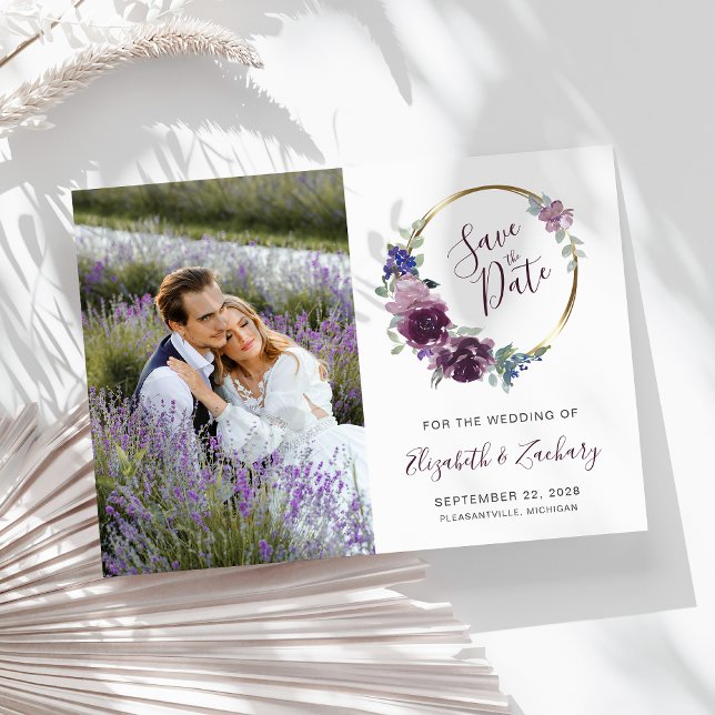 Photo Boho Purple Floral Gold Frame Save the Date Invitation (Creator Uploaded)