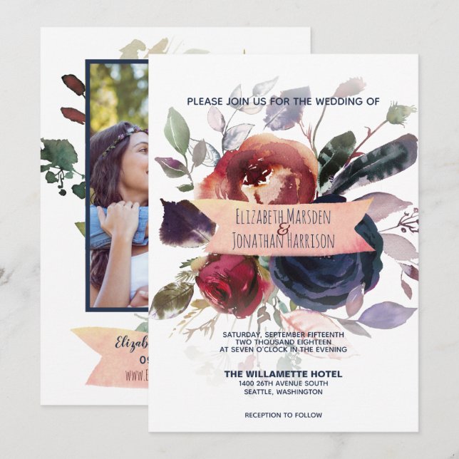 Photo Boho Rose Gold Burgundy Navy Floral Wedding Invitation (Front/Back)