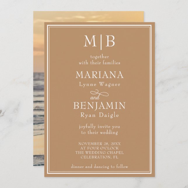 Photo Boho Tan Modern Border Minimalist Wedding Invitation (Front/Back)