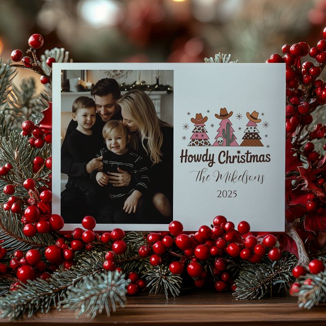 Photo Boho Western Pink Cowgirl Christmas Holiday Card (Creator Uploaded)