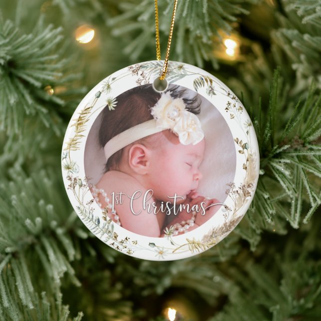 Photo Boho Wildflower Baby Girl's First Christmas  Ceramic Ornament (Tree)
