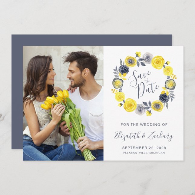 Photo Boho Yellow Grey Floral Wreath Save the Date Invitation (Front/Back)