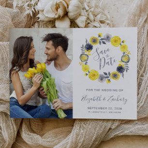 Photo Boho Yellow Grey Floral Wreath Save the Date Invitation