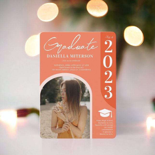 Photo bold 2023 arch coral orange graduation invitation (Photo bold 2023 arch coral orange graduation invitation)