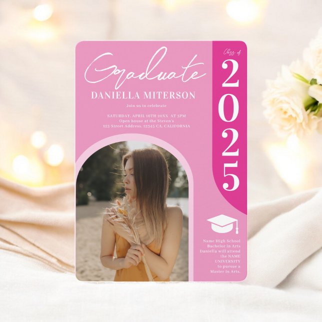 Photo bold 2025 arch hot retro pink graduation invitation (Photo bold 2025 arch hot retro pink graduation invitation)
