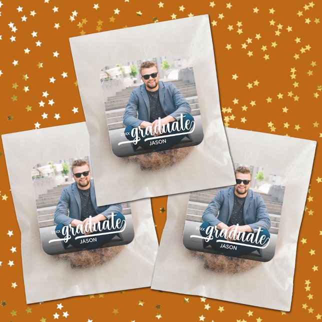Photo Bold Script Graduate Square Sticker (Photo bold white script graduate square stickers (bags not included))