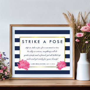 Photo Booth Poster Sign   Navy Stripe & Pink Peony