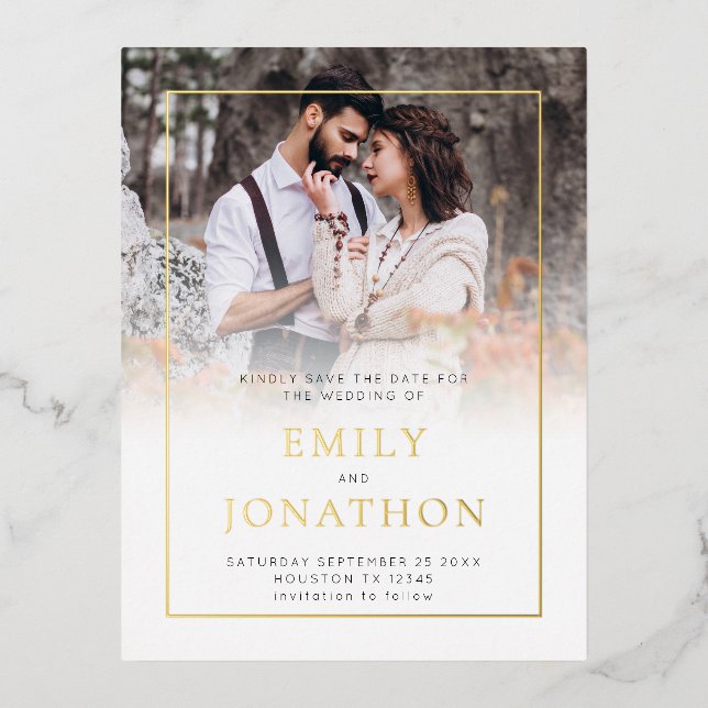 Photo Border Wedding Save The Date Foil Postcard (Front)