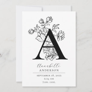 Photo Botanical Floral Monogram Letter A Birth Announcement