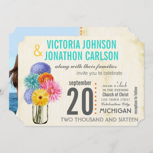 Photo Bouquet in a Mason Jar Wedding Invitations (Front/Back)