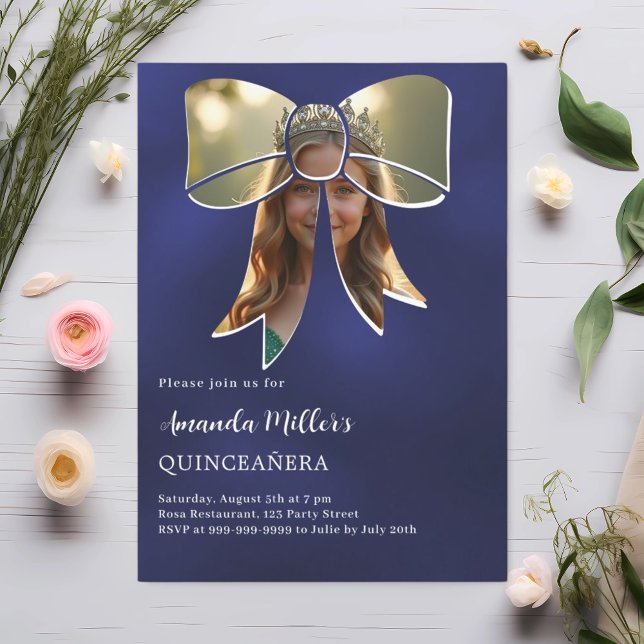 Photo bow navy blue Quinceanera Invitation (Creator Uploaded)