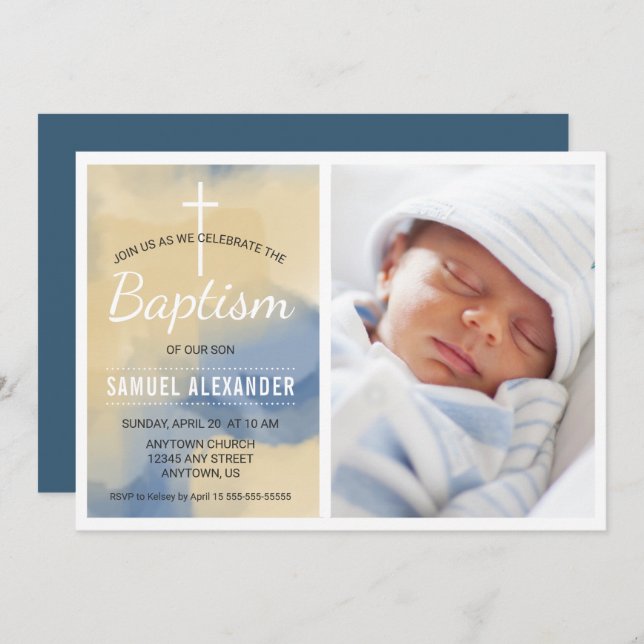 Photo Boy Baptism, Watercolor Blue Invitation (Front/Back)