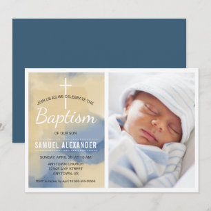 Photo Boy Baptism, Watercolor Blue Invitation