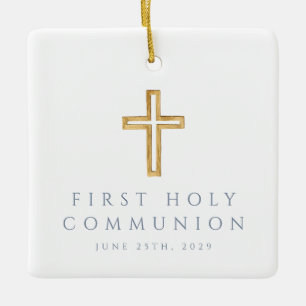 Photo Boy Religious Cross First Communion Ceramic Ornament