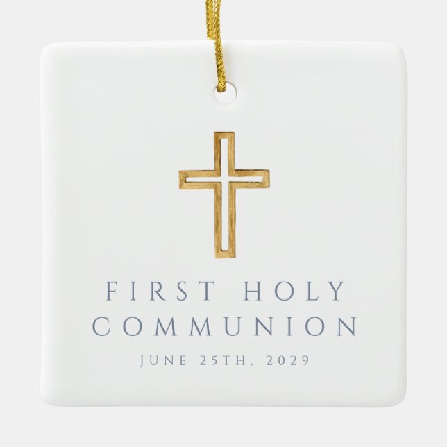 Photo Boy Religious Cross First Communion Ceramic Ornament (Front)