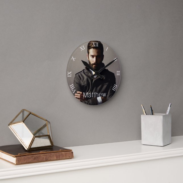Photo boyfriend husband monogram fun round clock (Office)
