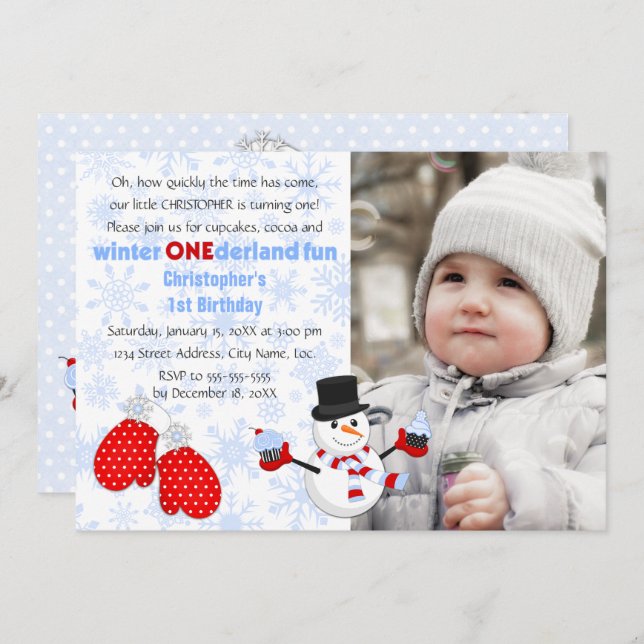 Photo Boy's Winter ONEderland Birthday Party Invitation (Front/Back)