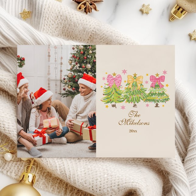 Photo Bright Ribbon Trees Holiday Family Card (Creator Uploaded)