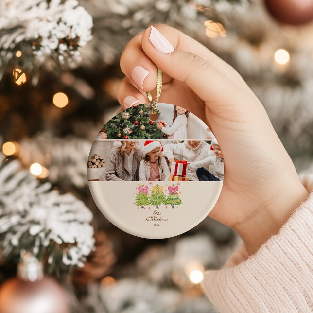 Photo Bright Ribbon Trees Holiday Family Ceramic Ornament (Creator Uploaded)