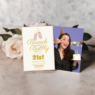 Photo Brunch and Bubbly Pink 21st Birthday Invitation