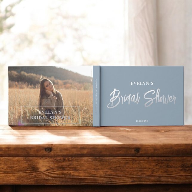 Photo Brush Script Elegant Blue Bridal Shower Guest Book (Creator Uploaded)