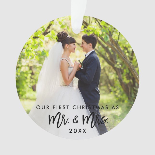 Photo Brush Script First Christmas Mr. & Mrs. Ornament (Front)
