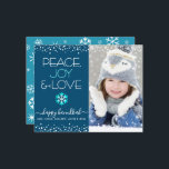 Photo Budget Hanukkah Peace Love Snowflake Card<br><div class="desc">“Peace, joy & love.” A fun, playful, turquoise blue and white snowflake illustration, white confetti dots, and turquoise and white modern typography on a navy blue background, along with the custom photo of your choice, help you usher in the Hanukkah season. A random white snowflake pattern overlays turquoise blue on...</div>
