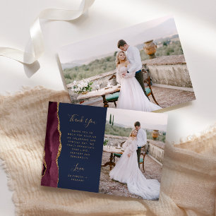 Photo Burgundy Agate Navy Blue Gold Script Wedding Thank You Card