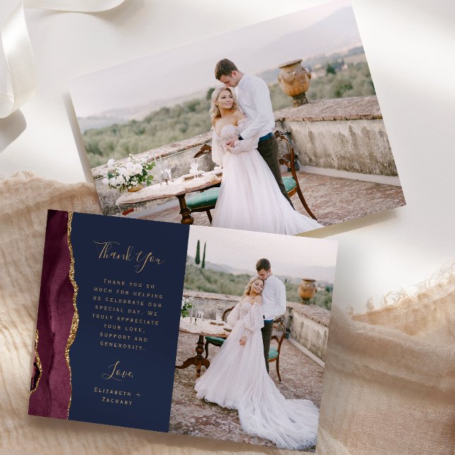 Photo Burgundy Agate Navy Blue Gold Script Wedding Thank You Card (Creator Uploaded)