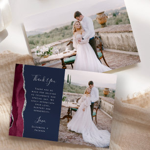 Photo Burgundy Agate Silver Script Navy Wedding Thank You Card