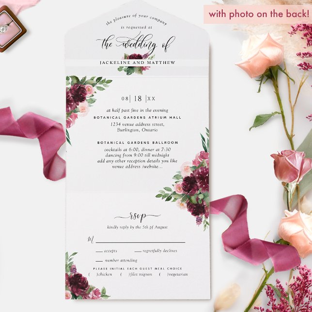 Photo, Burgundy Blush Wedding w/ Perforated RSVP All In One Invitation (Creator Uploaded)
