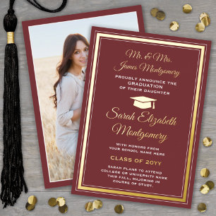 Photo Burgundy & Gold Foil Graduation Announcement