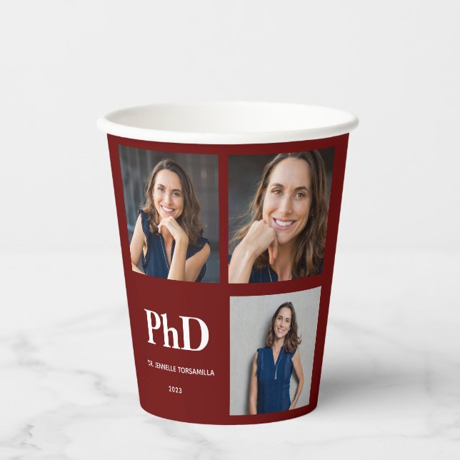 Photo Burgundy PhD Graduation Paper Cups (Front)